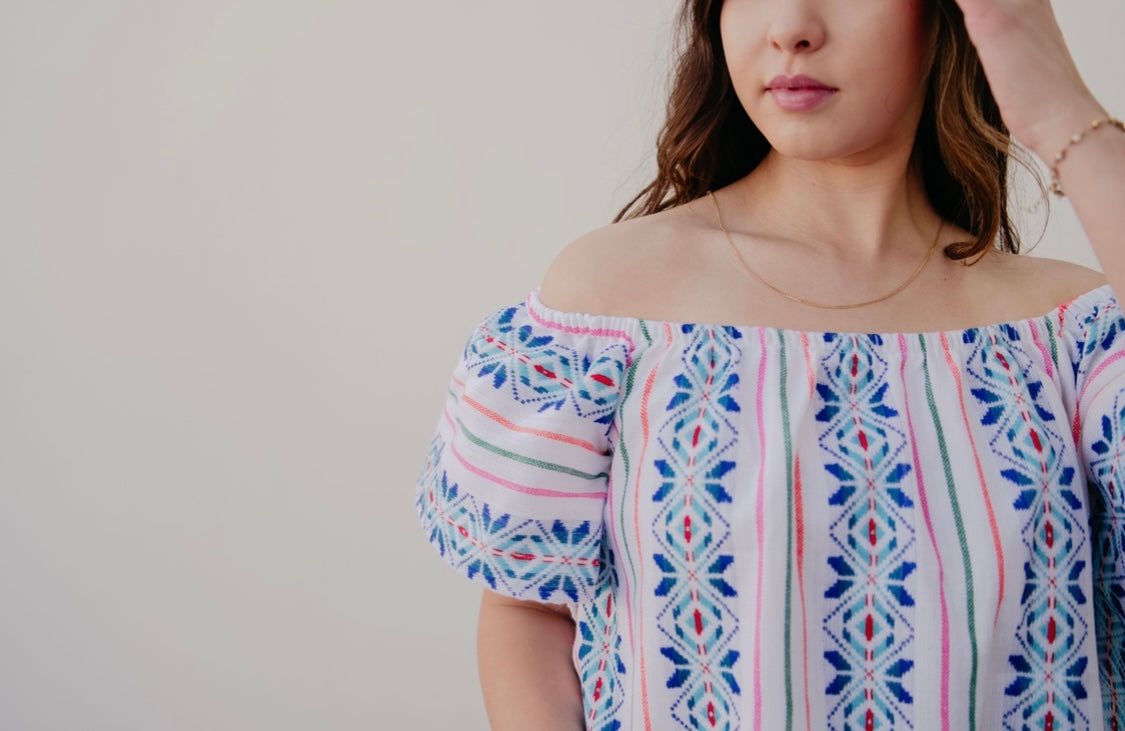 Blusa mexicana blanca azul Eluney